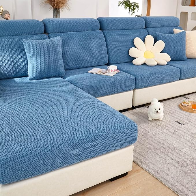 Sofa Covers Couch Covers for Sofa Pet Friendly Couch Cushion Covers Universal Sofa Covers Washable Stretch Slipcovers for Sectional Sofa (Texture Blue,Chaise Cover)