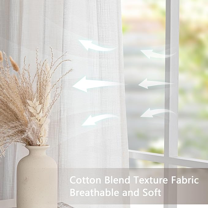 MYSKY HOME Natural Linen White Curtains 80 Inches Long, Semi Sheer Soft Cotton Window Drapes Set for Living Room Back Tab Elegant Cute Look Country Bedroom Curtains, Beige White, 50" x 80", Pack-2