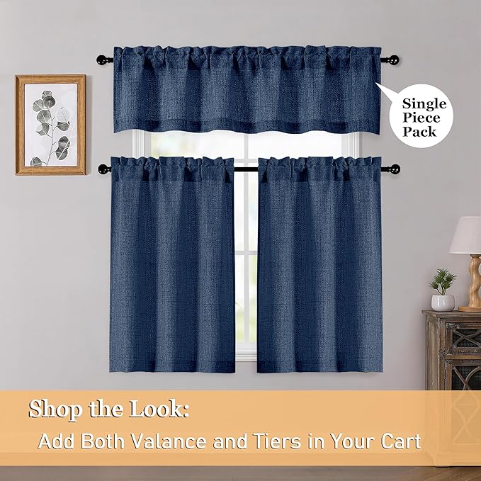 OWENIE Navy Blue Valances for Windows 1 Pcs, Light Filtering Textured Farmhouse Short Small Valance Curtains for Bathroom Basement Bedroom, Rod Pocket Half Curtains Over Sink, 60Wx14L Inch