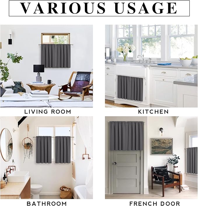 RYB HOME Cafe Blackout Curtains 24 inch Length, RV Curtains for Camper Windows, Mini Short Small Insulating Light UV Heat Blocking Privacy Half Window Tiers, Width 42 by Length 24, Grey, 2 Panels