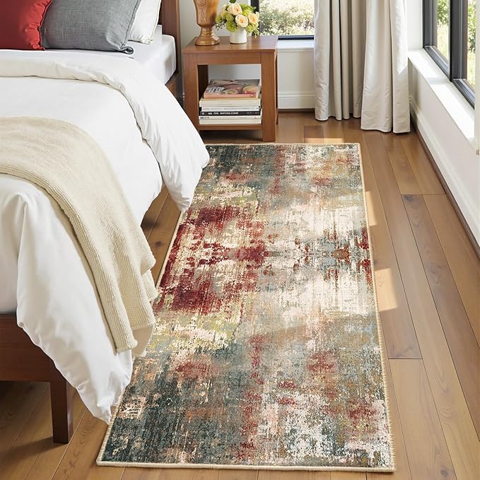 Washable Area Rugs 2'x10' Non-Slip Modern Abstract Soft for Living Room Entryway Bedroom Nursery, Print Pattern, Brown Rust Red Green Blue Multi