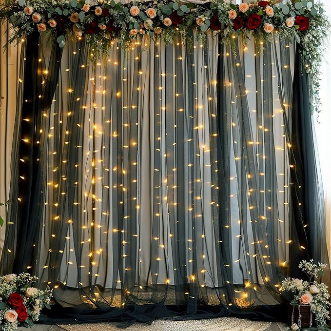 20ft x 15ft Black Tulle Backdrop Curtain for Parties Sheer Fabric Backdrop Curtains for Baby Shower Birthday Party Back Drop Wedding Graduation Photo Backdrop Drapes Background 4 Panels 5ft x 15ft