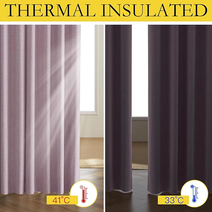 NICETOWN Pink Vintage Linen 100% Blackout Curtains for Kitchen, Thermal Insulated Curtains 63" Long, Noise Reducing Window Treatment Drapes for Dorm Room, 62" Wide Per Panel, Set of 2