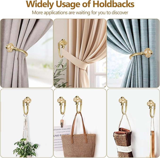 2 Pack Curtain Holdbacks, USFOOK Decorative Window Drapery Tiebacks (2 Pack/1 Pair), Curtain Tie Back Hooks for Wall with Gold Translucent Finials (3.95" L x 3.4" W)
