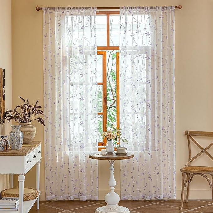AmHoo 2 Panels Embroidered Leaf Pattern Semi Sheer Curtains Foliage Floral Voile Window Draperies Treatment for Bedroom Living Room Rod Pocket White Lavender Purple 53 x 63 Inch