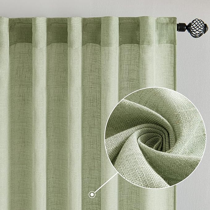 MIULEE Sage Green Linen Curtains 72 Inch Length 2 Panels for Bedroom Living Room, Soft Thick Linen Textured Window Drapes Semi Sheer Light Filtering Back Tab Rod Pocket Burlap Look Decor, W37xL72