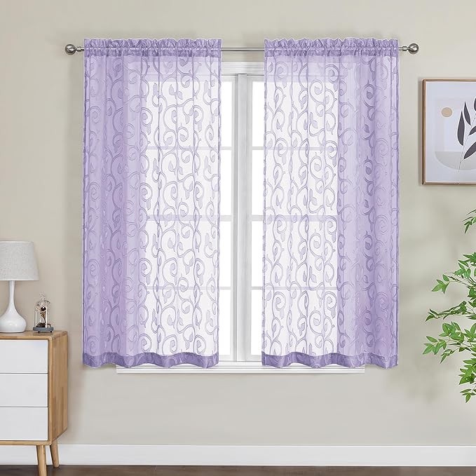 OWENIE Furman Sheer Curtains 45 inch Length for Living Room Bedroom 2 Panels Set, Airy Solid Color Small Window Curtains with Geometric Jacquard Clip Voile Grey Curtains, Dual Rod Pocket, 28Wx45L inch