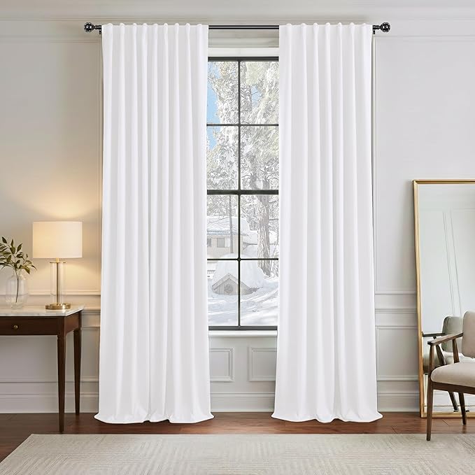 PONY DANCE 50% Light Filtering Curtains 96 inch Long, Non-See-Through Curtains for Bedroom, Thermal Insulated Drapes for Living Room Window with Back Tab, 52 x 96 Inch,2 Panels Set, Pure White
