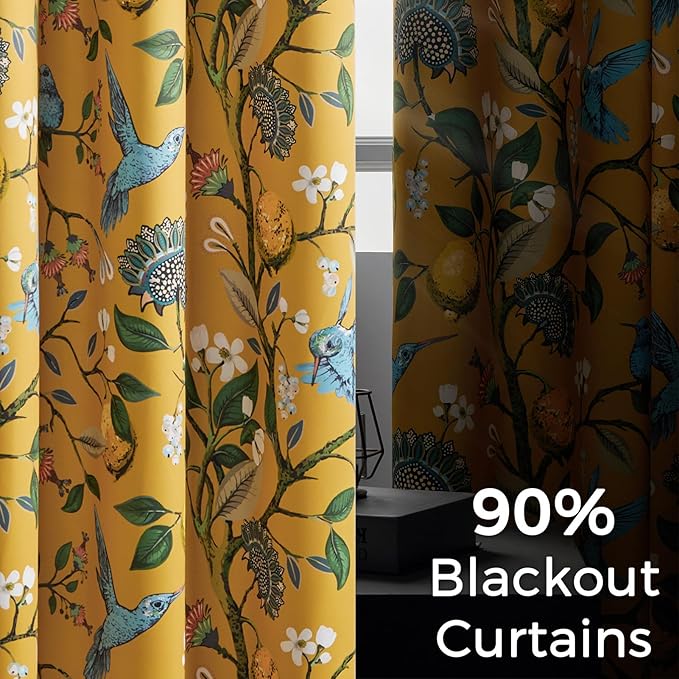 94 Inches Long Custom Satin Window Treatments,Retro Art Deco Floral Hummingbird Patterned Pretty Elegant Mustard Yellow Light Blocking Grommet Curtains Two Pages Curtains for Bedroom Playroom Room