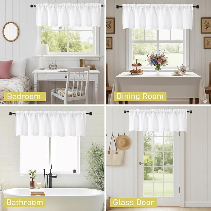 White Valances for Windows, Light Filtering Faux Linen Textured Small Short Valance Curtains for Bathroom Basement Farmhouse, Rod Pocket Top Half Curtains for Windows, 60Wx12L Inch