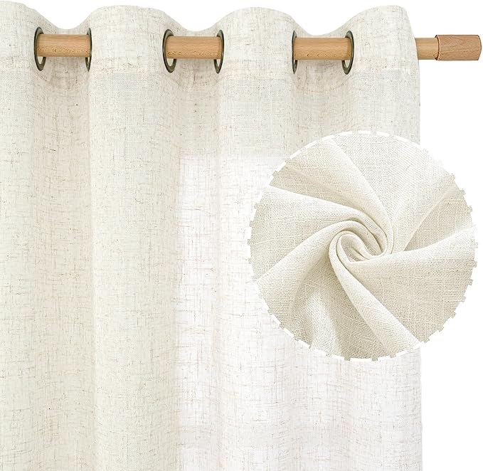 LAMIT Light Filtering Sheer Linen Curtains 84 inches Long, Linen Textured Semi Sheer Bronze Grommet Natural Boho Drapes for Living Room/Farmhouse/Bedroom, 2 Panels, Cream, 60 x 84 Inch