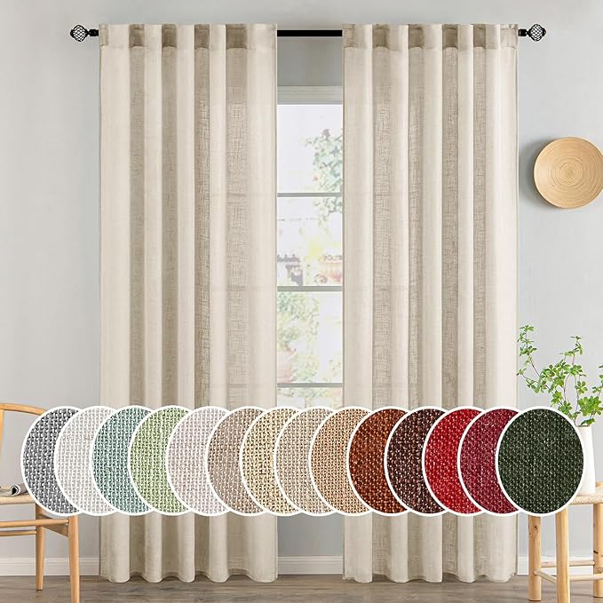 MIULEE Beige Linen Curtains 84 Inch Length 2 Panels for Bedroom Living Room, Soft Linen Textured Window Drapes Semi Sheer Light Filtering Back Tab Rod Pocket Farmhouse Modern Burlap Look Decor