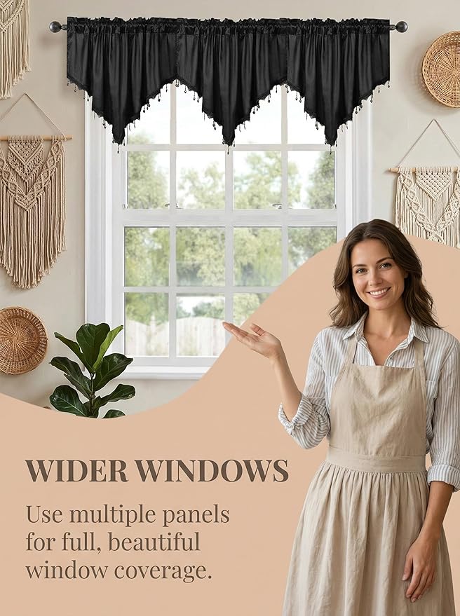 Molaxhome Swag Curtain 51 inch Length Rod Pocket Scalloped Curtain Valance Sheer Lace Panels with Hanging Crystal Beads for Kitchen Bedroom Window Treatments Drape Decor 1pc (Cloth Black, 51Wx23L)