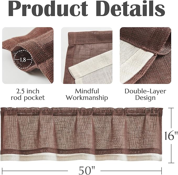jinchan Linen Valance for Farmhouse Living Room Windows 16 Inch Slubbed Crossed Double Layer Window Valance Light Filtering Rustic Country Overlay Rod Pocket 1 Panel Brown