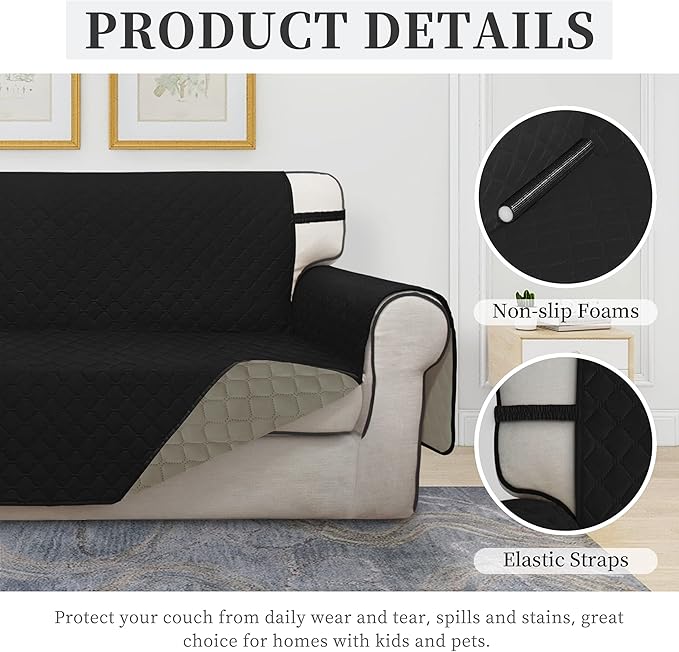 ISSUNTEX Double Protection 100% Waterproof Loveseat Sofa Covers for Living Room, Couch Covers for 2 Cushion Couch Sofa, Reversible Furniture Protector Sofa Cover for Dogs (Loveseat, Black/Beige)