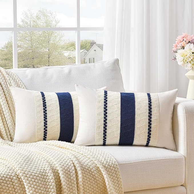 Fancy Homi Set of 1 Navy Blue Lumbar Decorative Throw Pillow Covers 12x20 Inch for Couch Bed Sofa Living Room, Soft Cotton blend Woven Textured Cushion Case