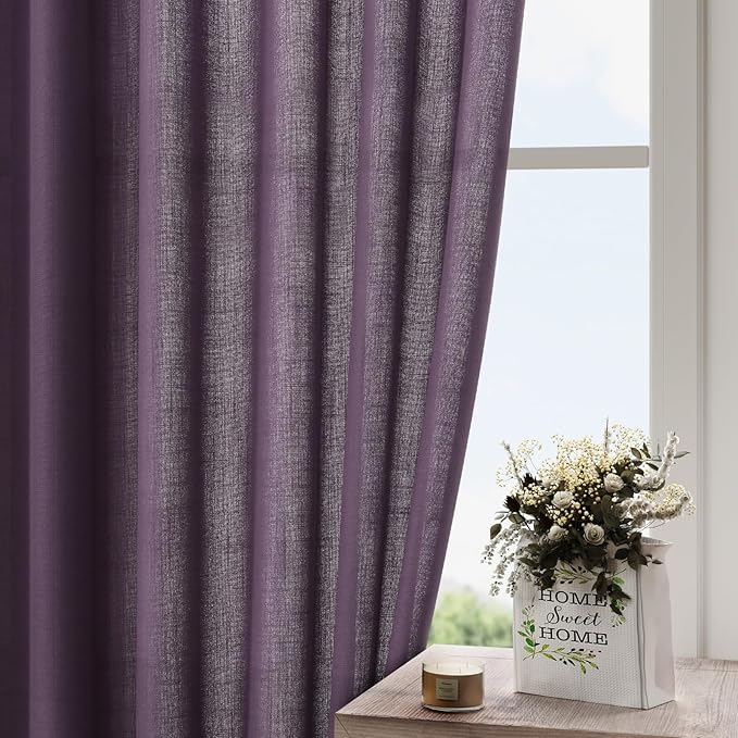 Extra Long Plum Linen Curtains 120 Inch for Living Room 2 Panels Set Rod Pocket Back Tab Linen Window Drapes Semi Sheer Light Filtering Privacy High Ceiling Drapes for Farmhouse 52x120