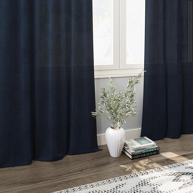 Linen Navy Blue Curtains 120 inch Extra Long for Living Room Back Tab Light Filtering Semi Sheer Drapes Modern Farmhouse Boho Decor Cotton Textured Curtain for Floor to Ceiling High Window 52x120