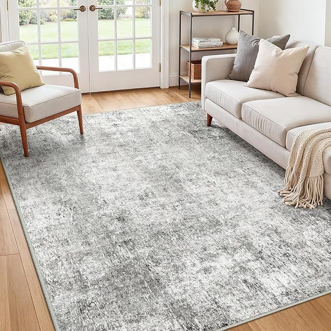 Washable Area Rugs 5'x8' Non-Slip Modern Abstract Soft for Living Room Entryway Bedroom Nursery, Print Pattern, Gray White Grey