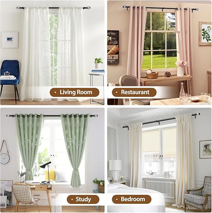 USFOOK 7/8 inch Curtain Rods for Windows 66 to 120 Inch, Telescoping Splicing Drapery Rods, Decoration for Home with Black Decorative Translucent Finials