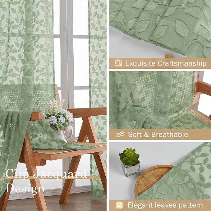 Chyhomenyc Sage Green Sheer Curtains 54 Inch Length for Living Room 2 Panels Set, Light Filtering Tufted Textured Soft Airy Rod Pocket Leaf Window Treatment Drapes for Bedroom, 42" Wx54 L, 2PCS