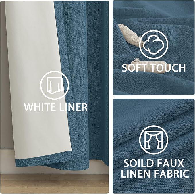 Yakamok Dusty Blue Linen Curtains 100% Blackout 84 Inches Long,Room Darkening Textured Curtains for Living Room Thermal Grommet Bedroom2 Panels with White Liner