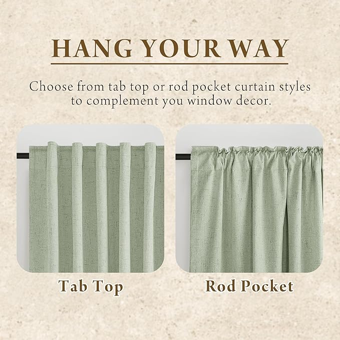 RYB HOME 100% Blackout Sage Green Linen Curtains, Light & Heat Blocking Thermal Privacy Protection Neutral Window Drapes for Living Room Bedroom, 52" W x 96" L, 2 Panels Set