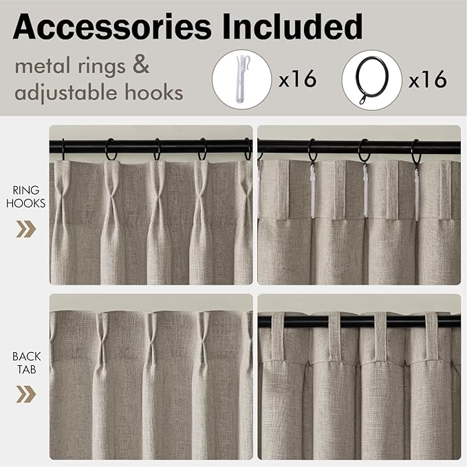 MIULEE Pinch Pleated Thick Linen Curtains 84 Inches Long 2 Panels for Living Room Bedroom, Linen Textured Memory Trained Drapes Pleat Back Tab Light Filtering Taupe Window Curtains with Hooks&Rings