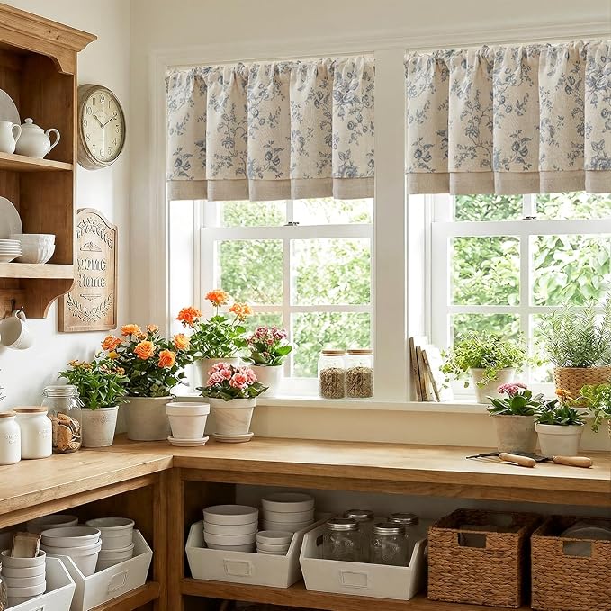 jinchan Amlie Floral Linen Valance Curtain Farmhouse Kitchen Valance for Living Room Laundry Light Filtering Double Layer Cottagecore Window Treatment Rod Pocket 1 Panel 16 Inch Blue on Linen