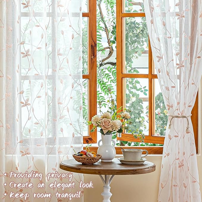 AmHoo 2 Panels Embroidered Leaf Pattern Semi Sheer Curtains Foliage Floral Voile Window Draperies Treatment for Bedroom Living Room Rod Pocket White Pink 53 x 84 Inch