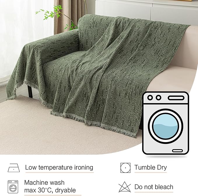 MYSKY HOME Couch Covers for 2 Cushion Couch Sectional Sofa, L Shape Sofa Protector Moss Green Chenille Couch Cover, Sofa Covers Washable Blanket with Tassel Pet Couch Cushion Cover, 71"X102"