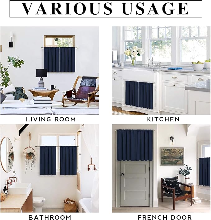 RYB HOME Basement Bathroom Kitchen Cafe Blackout Privacy Curtains, Short Insulating Light UV Heat Blocking Privacy Curtain Tiers for Laundry Room, Width 34 by Length 30, Navy Blue, 2 Panels