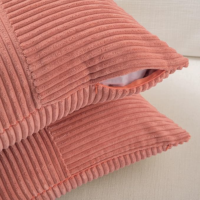 Fancy Homi 2 Packs Coral Lumbar Decorative Throw Pillow Covers 16x32 Inch for Living Room Couch, Rustic Farmhouse Boho Home Decor, Soft Striped Corduroy Rectangle Accent Peach Cushion Case 40x80 cm