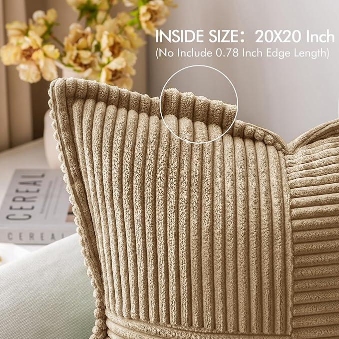 MIULEE Decorative Throw Pillow Covers for Couch Bed Livingroom 20x20 Inch Set of 2 Khaki Boho Accent Throw Pllows Broadside Striped Patchwork Soft Corduroy Pillowcases