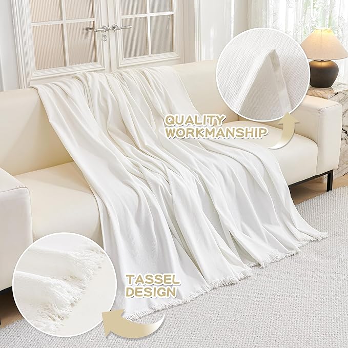 MYSKY HOME Sofa Covers for 2 Cushion Couch L Shaped Couch Cover Washable Couch Cover with Tassels Boho Couch Covers Non Slip Super Universal Soft Sofa Slipcover for Kids, Dogs, Pets, 71"x118", White