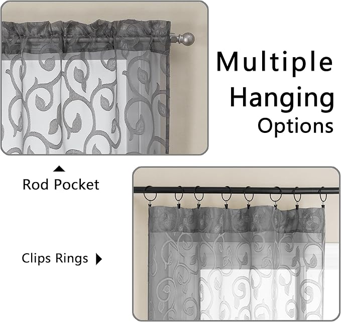 OWENIE Furman Sheer Charcoal Gray Curtains 90 inches Long for Bedroom Living Room 2 Panels Set, Light Filtering Soft Semi Sheer Jacquard Clip Farmhouse Curtains Rod Pocket Design, Each 52Wx90L inch