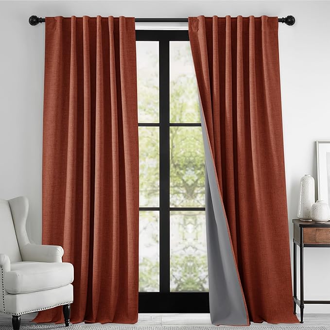 RYB HOME 100% Blackout Linen Textured Curtains 96 inches Long, Insulating Privacy Energy Saving for Bedroom Living Room Window Office Theater Dining Nursery, W 52 x L 96 in, Terracotta, 2 Panels