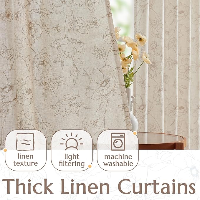 jinchan Floral Linen Curtains for Living Room 96 Inch Length Taupe Flower Curtain Rod Pocket Back Tab Farmhouse Curtains with Printed Floral Bedroom Window Curtain Set, 2 Panels Taupe