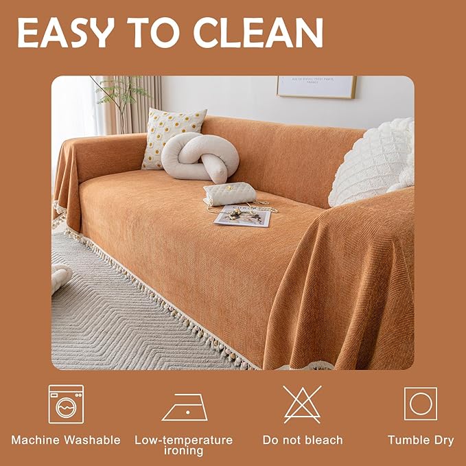 HANDONTIME Dark Orange Sofa Covers Couch Cover for Dogs Colorful Tassel Lovetseat Cover Pet Couch Cover Bohemian Sofa Cover for Couch Vintage Boho Couch Covers Futon Cover Pet-Friendly, 91" X118"
