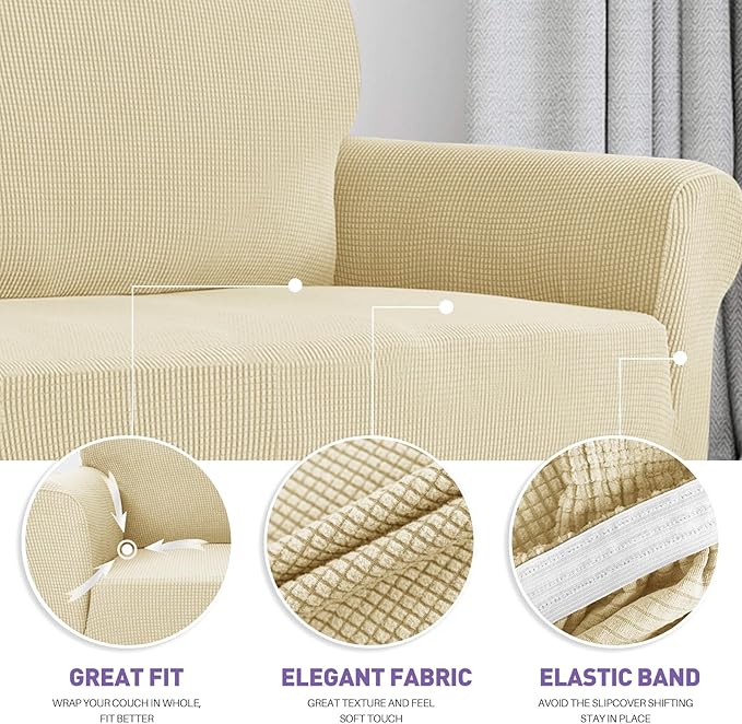 ZNSAYOTX Super Stretch Couch Cover Love Seat Sofa Covers for Living Room Dogs Pet Friendly Furniture Protector Spandex Loveseat Slipcovers with Anti Slip Foam Sticks (Beige, Medium)