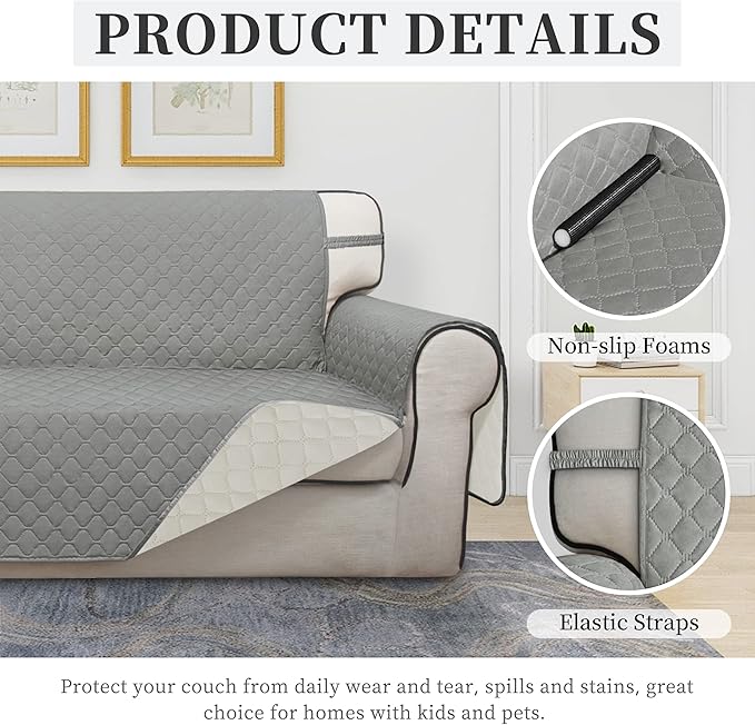 ISSUNTEX Double Protection 100% Waterproof Sofa Covers for Living Room, Reversible Couch Covers for 3 Cushion Couch Sofa, Furniture Protector Sofa Cover for Pets (X Large, Light Gray/Ivory)