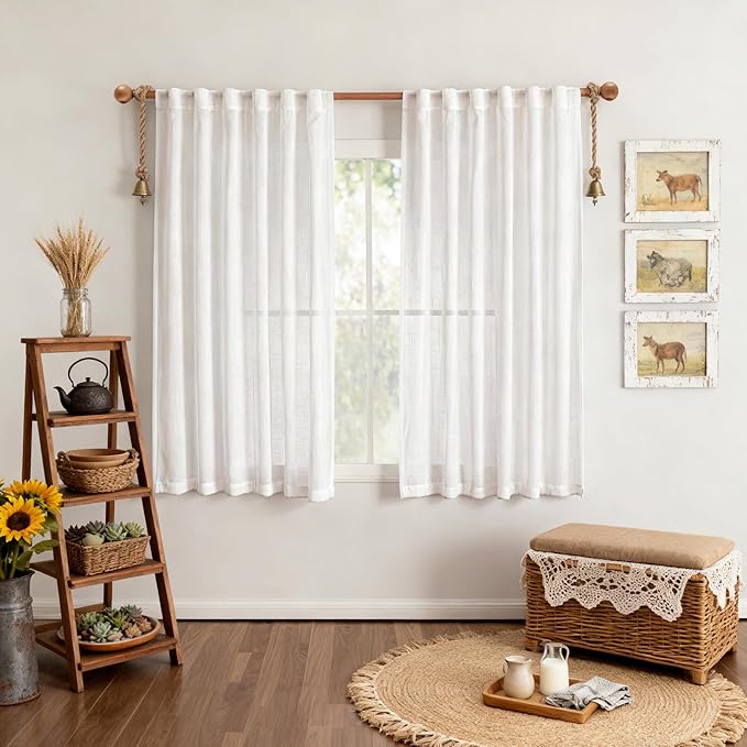 MYSKY HOME White Sheer Curtains 63 inch length Semi Sheer Curtains for Bedroom Light Filtering Short Window Treatment Privacy Protect Drapes Set, Back Tab Boho Farmhouse Linen Soft, 50" Wide, 2 Pieces