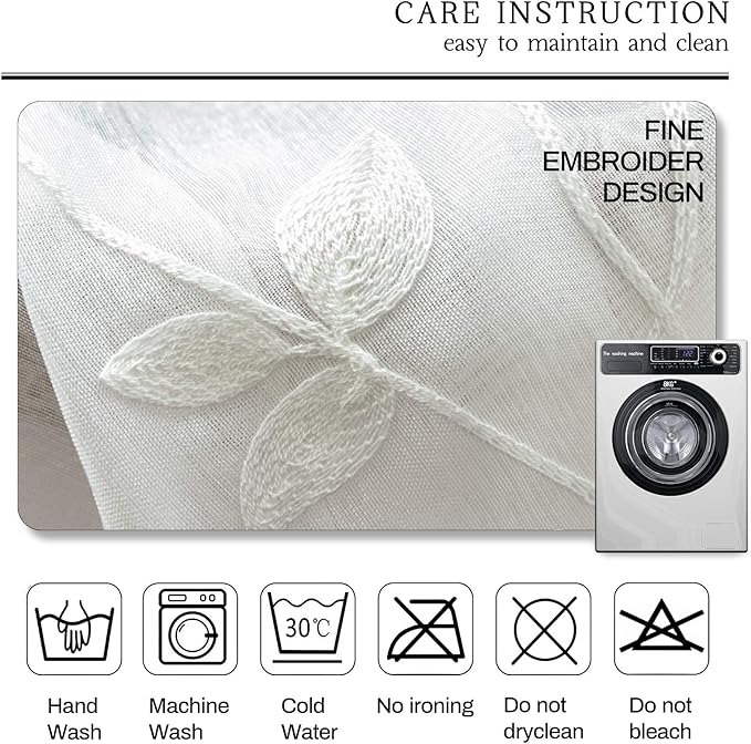 AmHoo 2 Panels Embroidered Leaf Pattern Semi Sheer Curtains Foliage Floral Voile Window Draperies Treatment for Bedroom Living Room Rod Pocket White 53 x 63 Inch