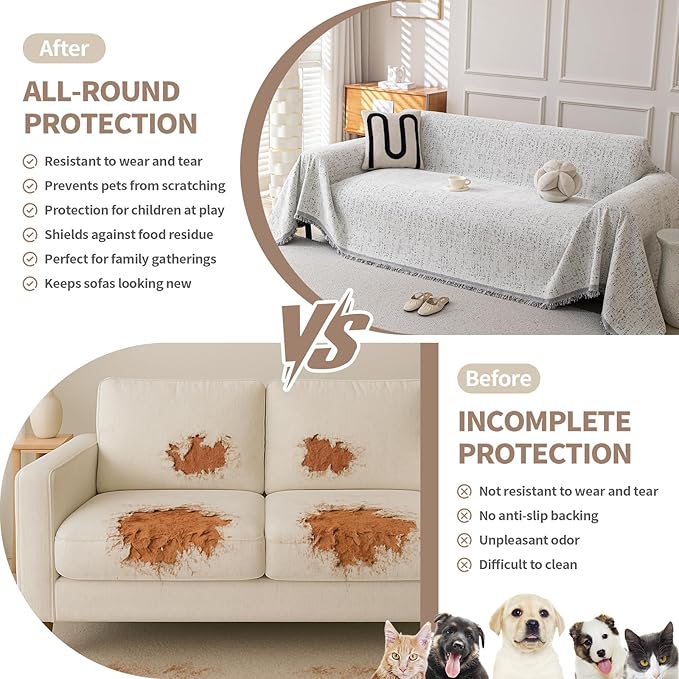 Couch Cover for Dogs, Boho Sofa Covers for 3 Cushion Couch, Chenille Slipcover for Pets Washable, L-Shape Sectional Couch Loveseat Cover Soft Throw Blankets with Tassels(71x102,Speckled Grey)