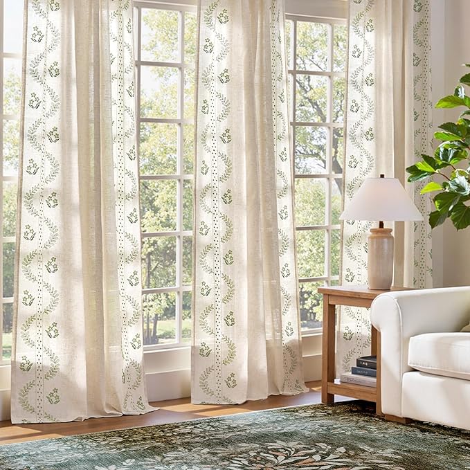 jinchan Belrose Linen Curtains for Bedroom Floral Curtains 63 Inch Length Linen Blend Sage Green Embroidered Drapes Farmhouse Flower Patterned Drapes for Living Room Window Treatments Set 2 Panels