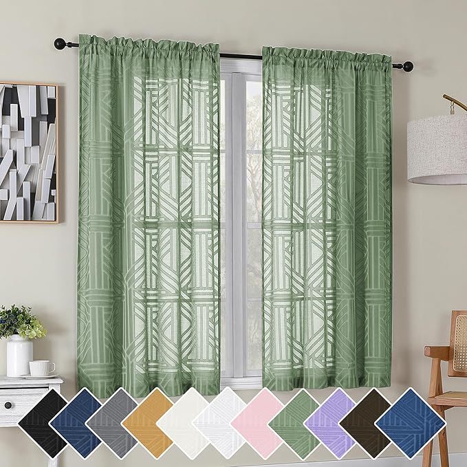 Simplebrand Sage Green Semi Sheer Curtains 45 Inch Length 2 Panels, Geometric Jacquard Clip Textured Short Sheer Curtains for Bedroom，Modern Elegant Window Curtains Drapes/Treatment Sheer，42x45 inch