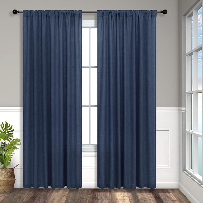 Navy Blue Curtains 63 Inch Length for Boys Room 2 Panel Back Tab Pocket Linen Semi Sheer Woven Textured Indigo Dark Blue Curtain for Kids Bedroom Nursery Game Playroom Nautical Farmhouse 52x63 Long