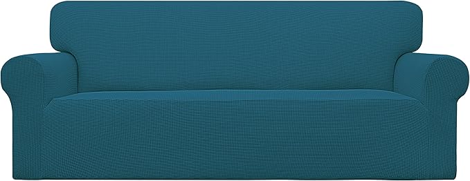 Easy-Going Stretch Sofa Slipcover 1-Piece Sofa Cover Furniture Protector Couch Soft with Elastic Bottom for Kids, Polyester Spandex Jacquard Fabric Small Checks (Sofa, Peacock Blue)