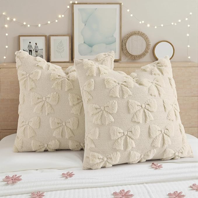 decorUhome Beige Bow Pillow Covers Set of 2 Coquette Aesthetic Cute Preppy Plush Faux Pillowcases for Girly Bedroom or Couch 20x20 Inch