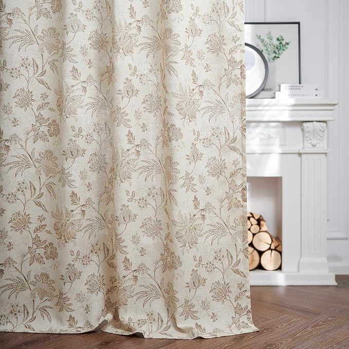 jinchan Linen Floral Curtains for Living Room with Printed Flower 96 Inches Long Light Filtering French Country Back Tab Rod Pocket Taupe Window Curtain Set Farmhouse Drapes 2 Panels Taupe